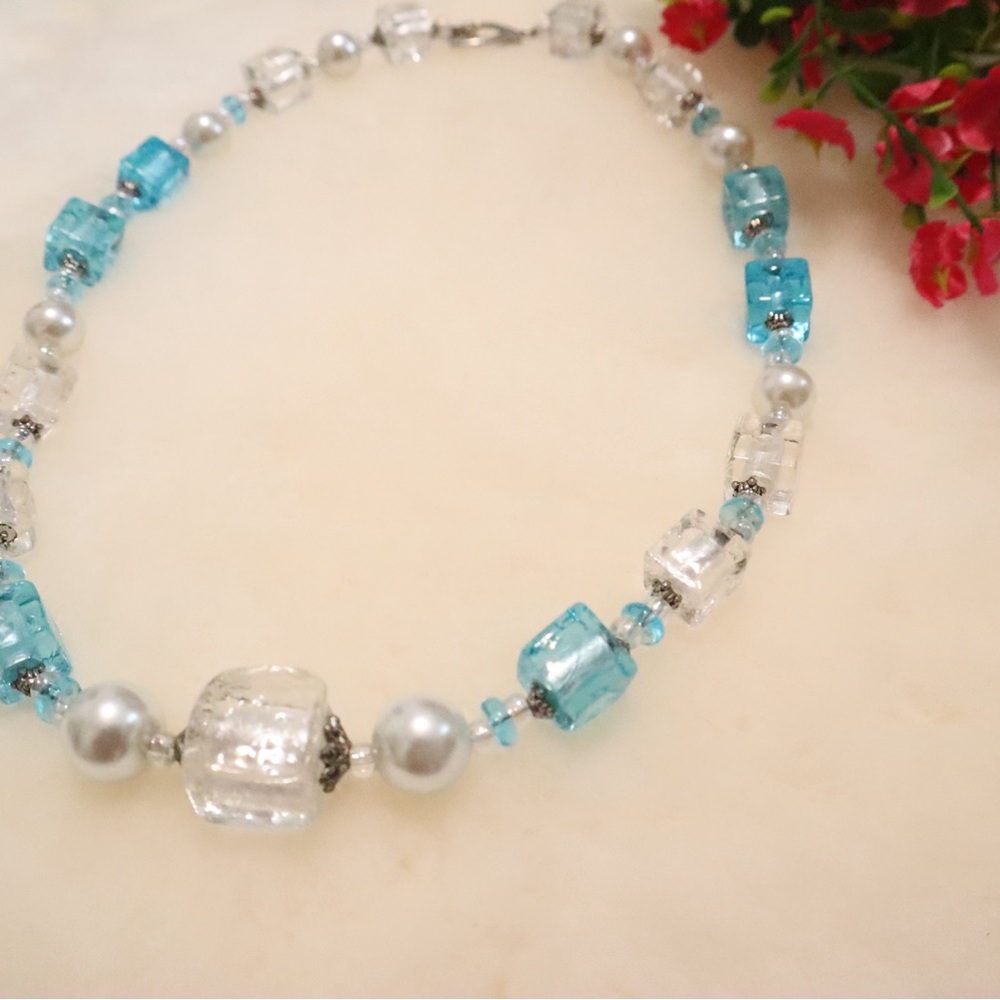 Murano Blue and Silver Cube Necklace